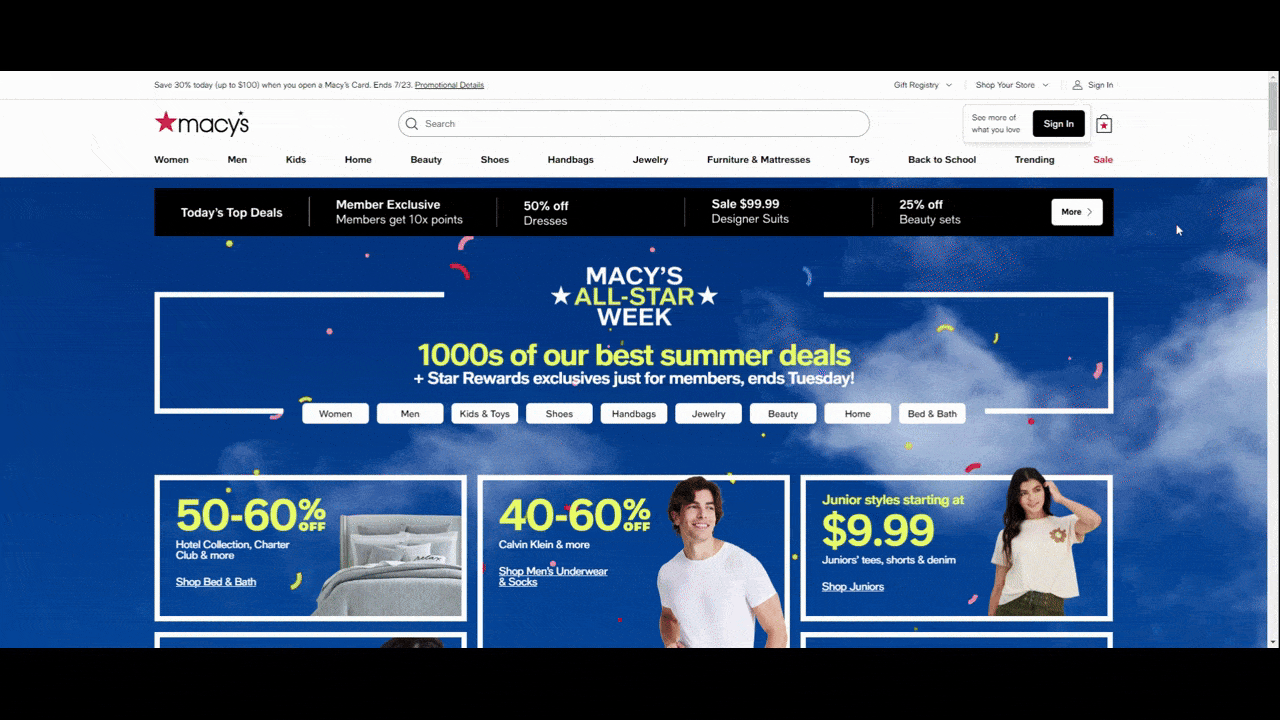 Macy’s sale hero section On the Macy’s home page is a hero section dedicated to current All-Star Week sales like 50-60% off Hotel Collection and 40-60% off Calvin Klein. There is a colorful confetti animation that appears over the hero section a few seconds after the page loads. As they scroll down the page, the blue hero section full of deals doesn’t end right away. In addition, there’s a scrolling animation that appears with free shipping info.