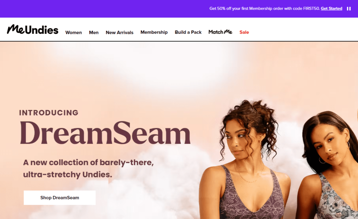 MeUndies navigation link MeUndies includes a red “Sale” link at the end of its navigation. Before it, there are links for Women, Men, New Arrivals, Membership, Build a Pack, and MatchMe.