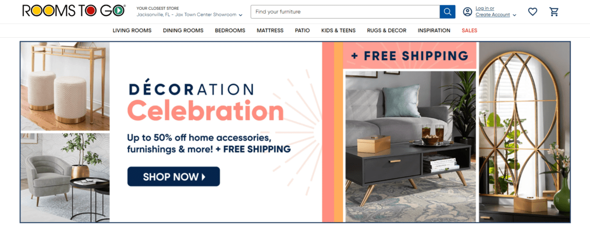 Rooms to Go navigation link On the Rooms To Go website, there is a red “SALES” link at the end of the navigation. Before it are links to Living Rooms, Dining Rooms, Bedrooms, Mattress, Patio, Kids & Teens, Rugs & Decor, Inspiration.