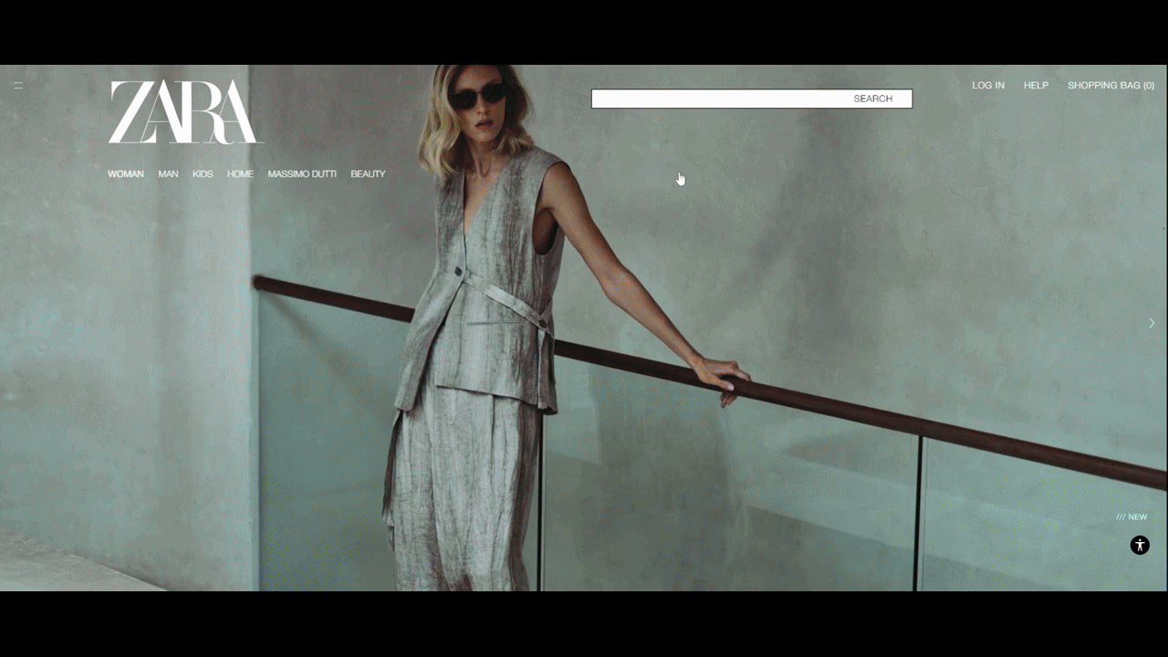 ZARA sales in green A video showing how the ZARA website advertises a sale. When a customer scrolls to the “Sale” section on the home page, the “Sale” text and the ZARA logo turn bright green. There are also green “Sale” buttons that appear under various categories in the navigation.