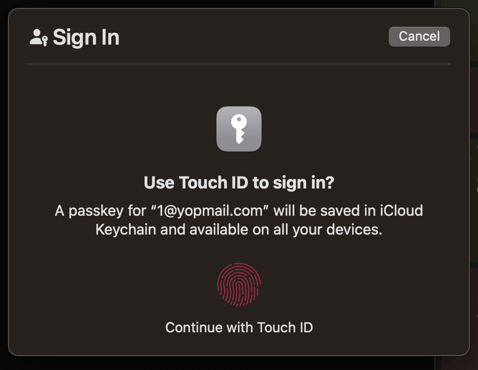 Browser modal for user touch ID Browser modal for user touch ID