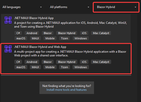 Filtering Blazor Hybrid templates in VS 2022 Filtering Blazor Hybrid templates in VS 2022