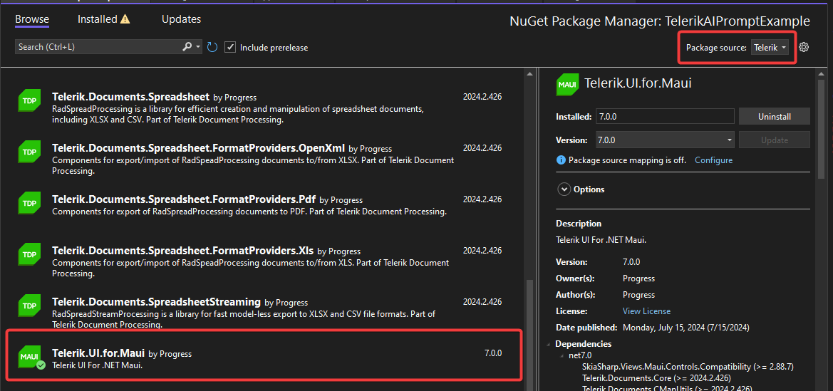 Installing the Telerik for Maui nuget package Installing the Telerik for Maui nuget package