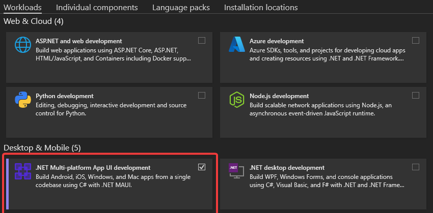 Selecting the workload to install the .NET MAUI Blazor Hybrid and Web App template Selecting the workload to install the .NET MAUI Blazor Hybrid and Web App template