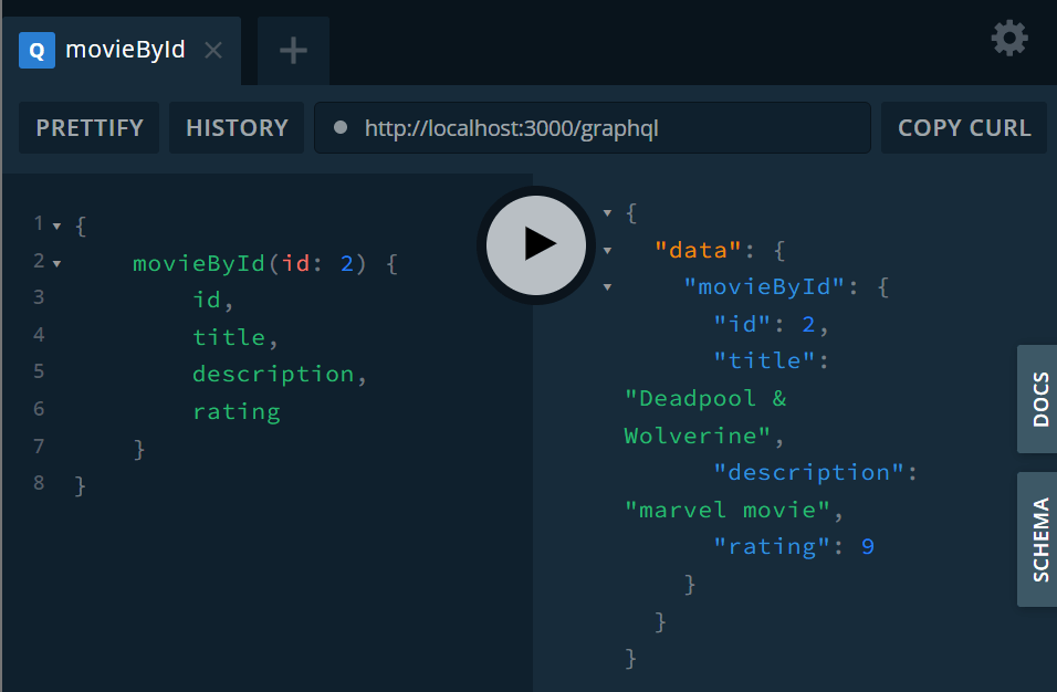 Successful movieById query and response Successful movieById query and response