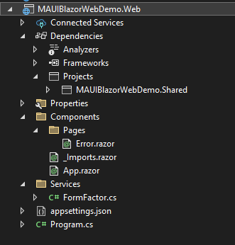 The files in the Blazor project define components specific to the web project and reference the Shared project The files in the Blazor project define components specific to the web project and reference the Shared project