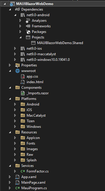The files in the .NET MAUI project including the cross-platform files, along with the reference to the Shared project. The files in the .NET MAUI project including the cross-platform files, along with the reference to the Shared project.