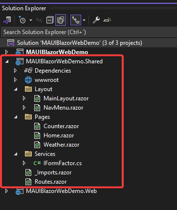 The files within the Shared project of the .NET MAUI Blazor Hybrid and Web App template The files within the Shared project of the .NET MAUI Blazor Hybrid and Web App template