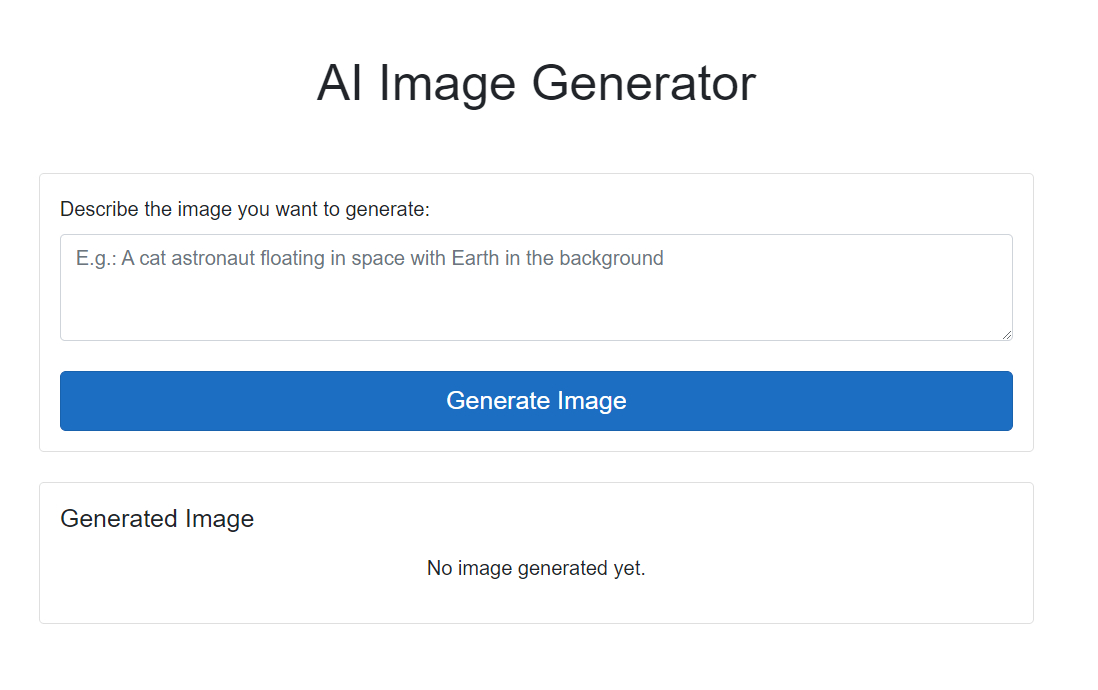 The initial screen of the image generating application using the Flux model The initial screen of the image generating application using the Flux model