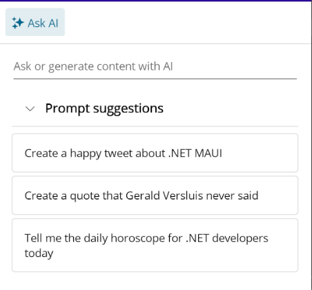 .NET MAUI AIPrompt control displaying a list of prompts suggestions .NET MAUI AIPrompt control displaying a list of prompts suggestions