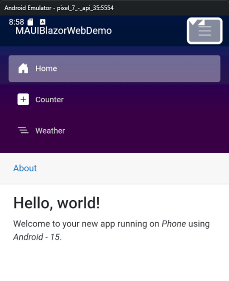 The .NET MAUI application displaying specific operating system information on an Android device The .NET MAUI application displaying specific operating system information on an Android device