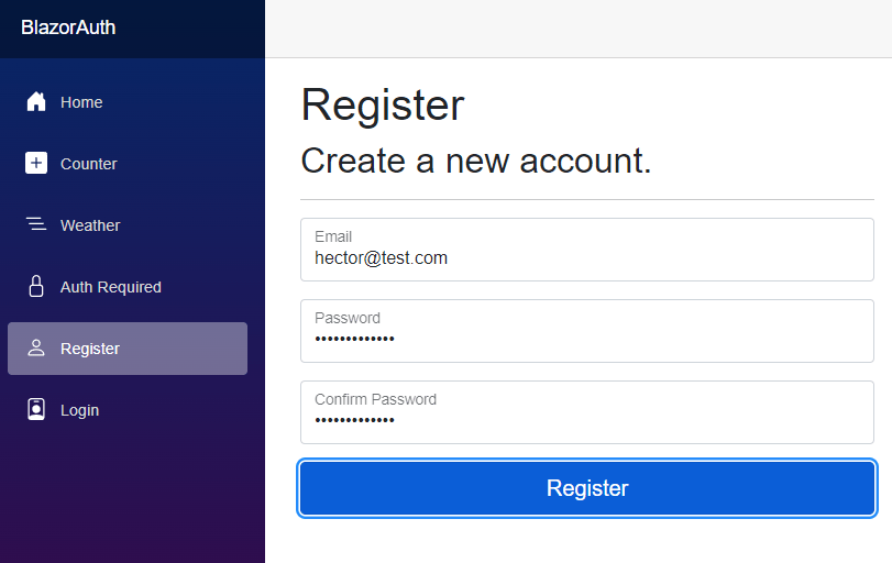 Creating a new user in the application Creating a new user in the application