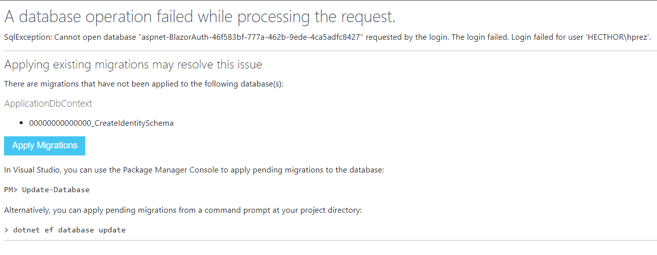 Failed to create user because the initial migration has not been applied Failed to create user because the initial migration has not been applied