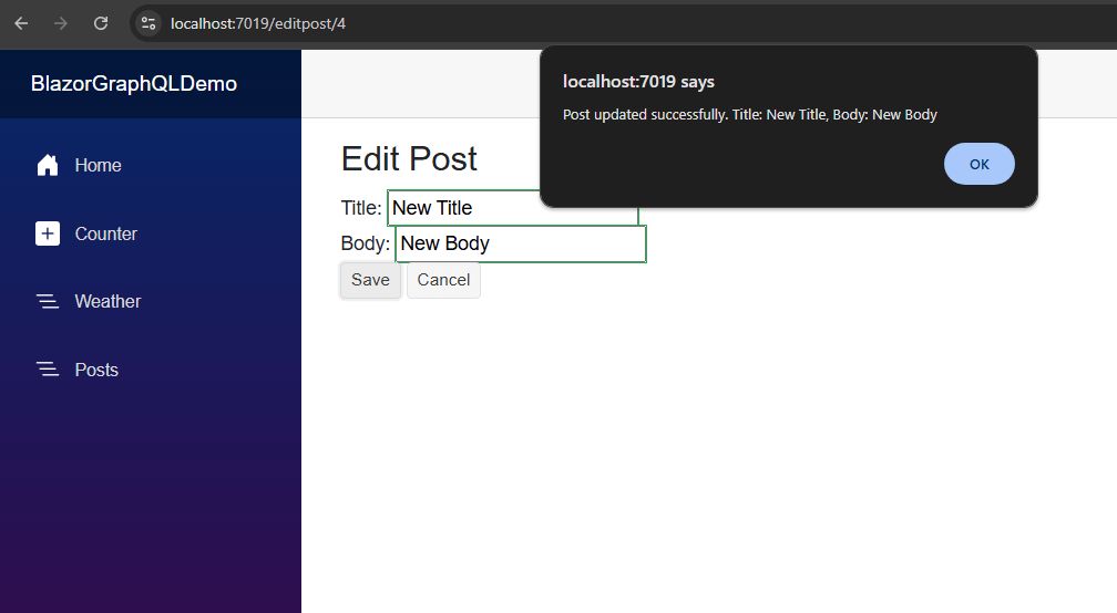 A message showing the changes on the selected entity in the TelerikGrid A message showing the changes on the selected entity in the TelerikGrid