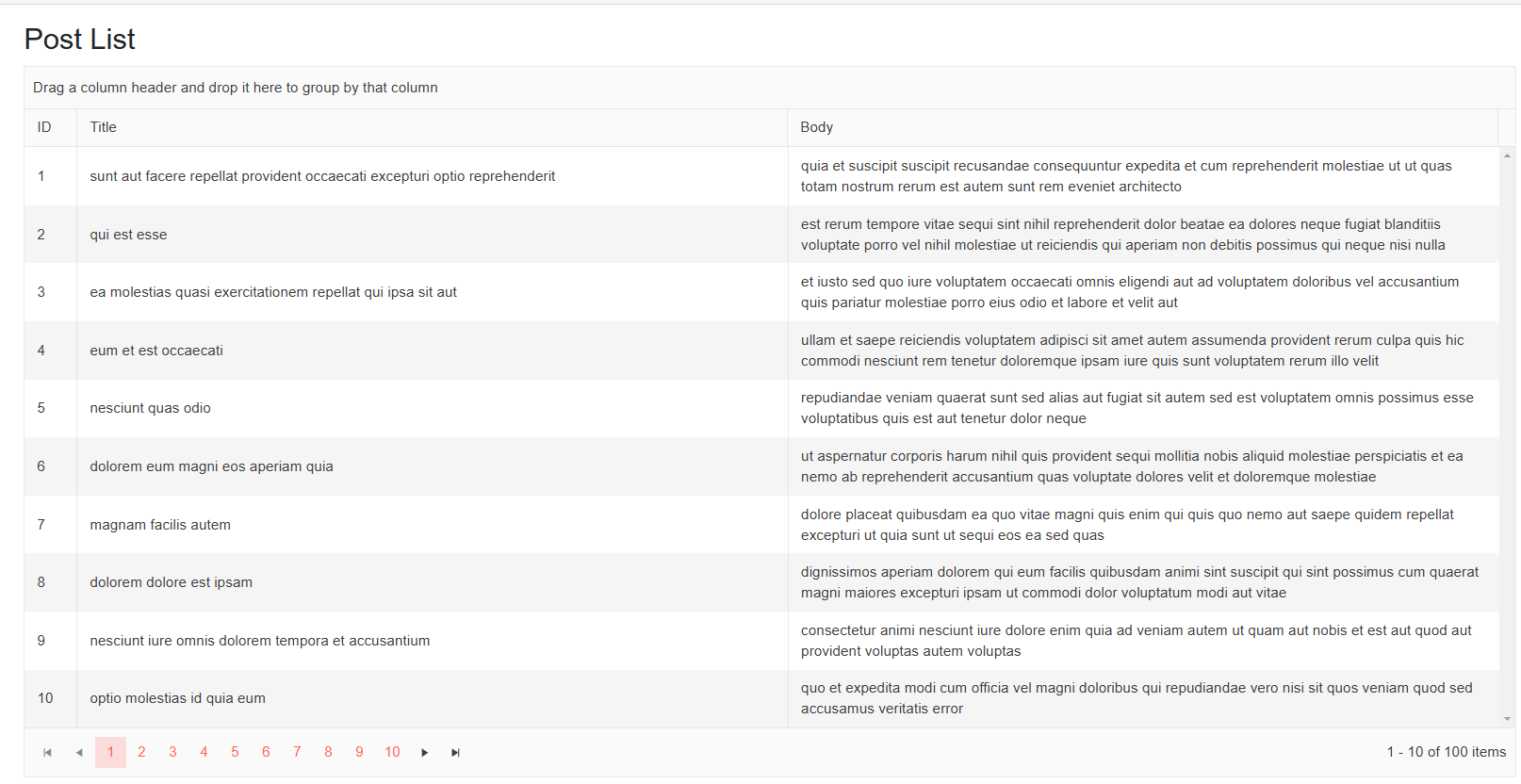 The Telerik DataGrid control displaying posts retrieved from the GraphQL service The Telerik DataGrid control displaying posts retrieved from the GraphQL service