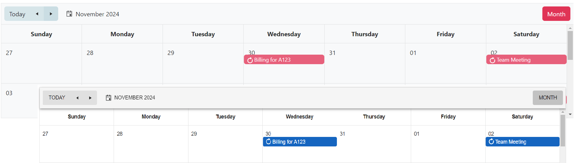Telerik Scheduler displayed in two styles. Among other differences, one style is flatter with no shadowing while the other style creates a layered appearance using drop shadows and buttons use different colors in the two styles.
