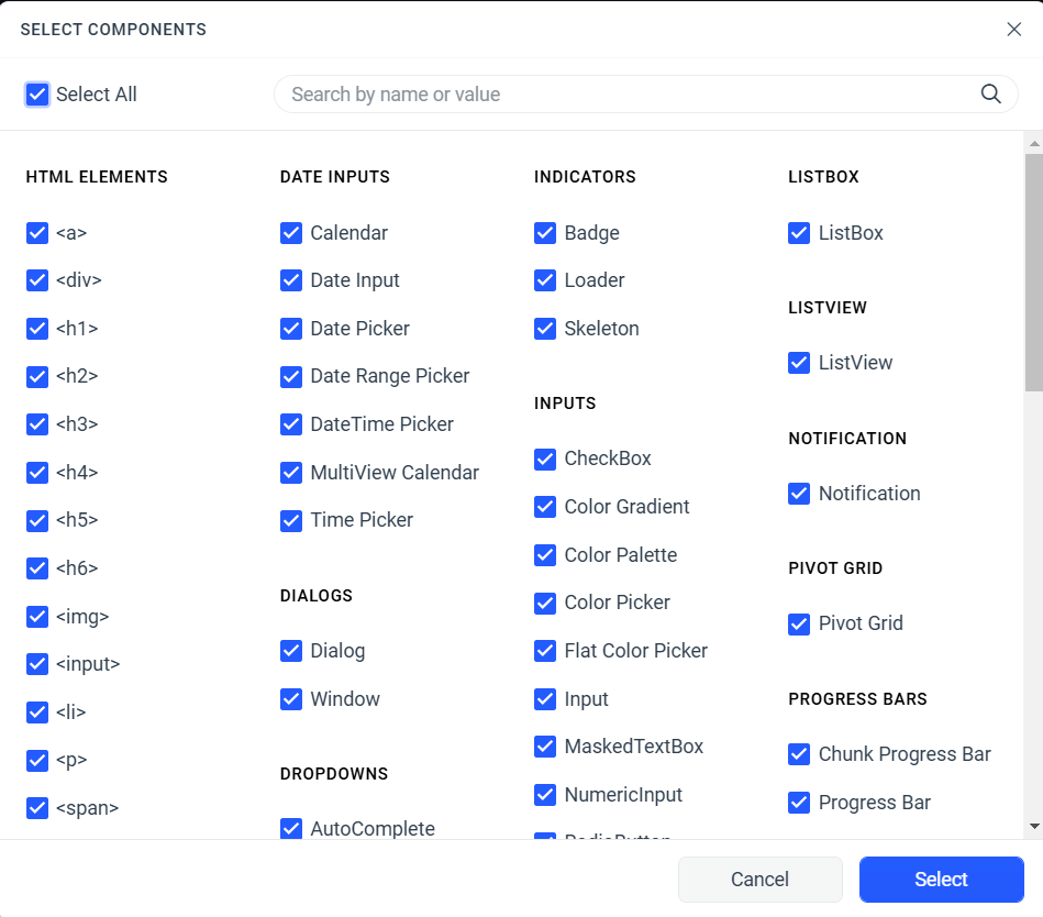 The Select Components dialog showing four columns of components, all selected. The scrollbar on the right indicates that this is only showing about half of the available components. The list of components is broken up into groups: HTML Elements, Date Inputs, ListBox, and more. There is a Select All checkbox in the upper left corner of the dialog that is selected and a Select button in the lower right corner