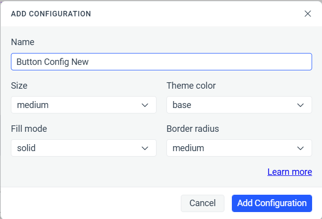 The Add Configuration dialog showing textboxes and dropdown lists for setting the configuration’s name, size, theme color, fill mode, and border radius