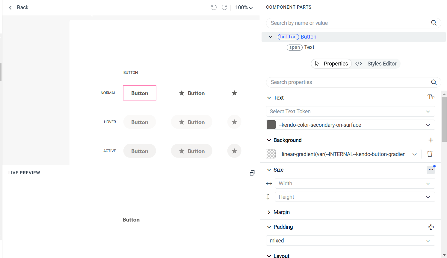 The Live Edit window. In the middle at the top half of the page is all of the various visual states for a button. Below that is a display of the state selected in the window above. Down the right hand side is the Component Parts pane. At the top is another display of the button component followed by a list of options to change. Displayed options include Text, Background, and Size