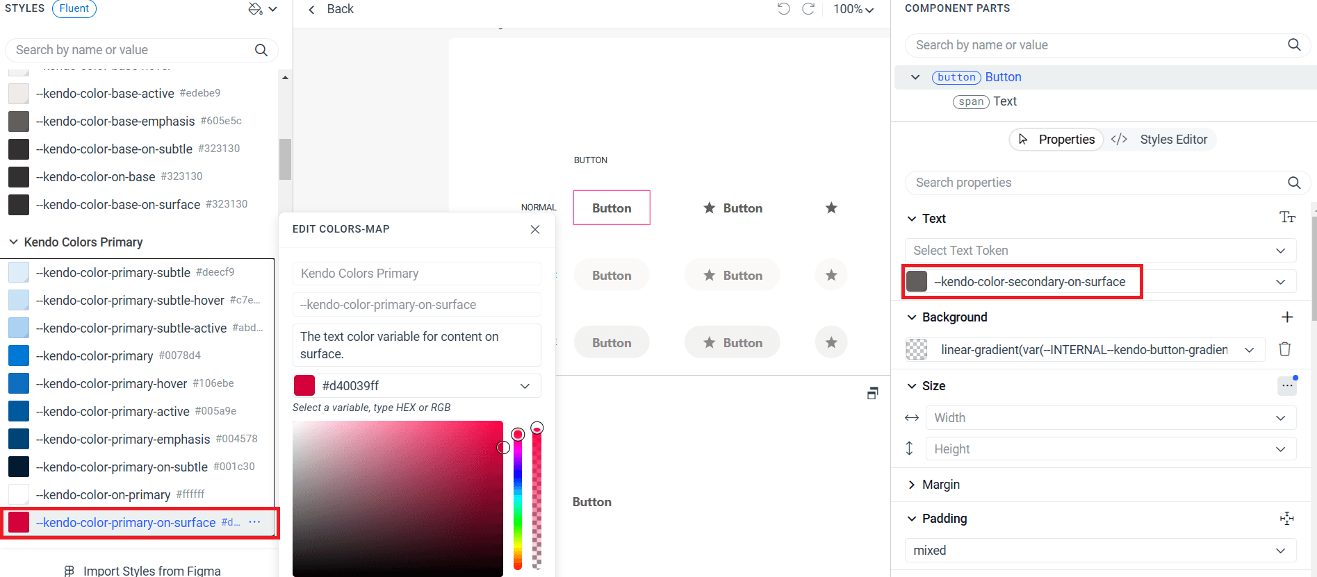 The Live Edit window with a pre-defined style selected in the Component Styles window selected on the right and the corresponding style being edited in the Styles pane on the left