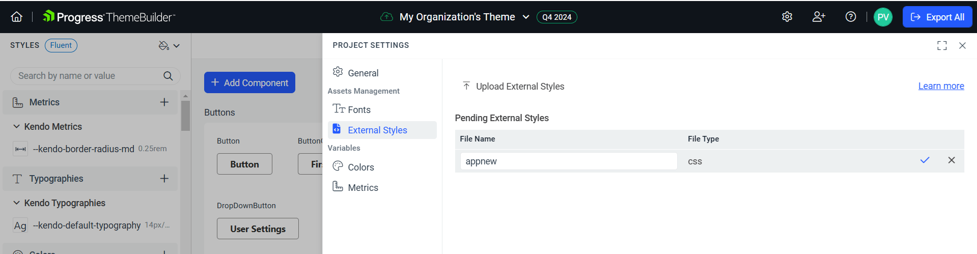 The Project Settings dialog with Extenal Styles chosen in the menu on the left. On the right side of the panel a stylesheet has been uploaded with the name appnew.css