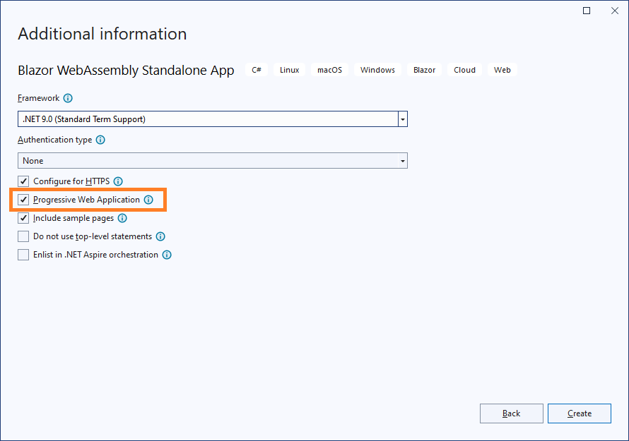 The Additional Information dialog in the project creation wizard in Visual Studio for the Blazor WebAssembly Standalone App