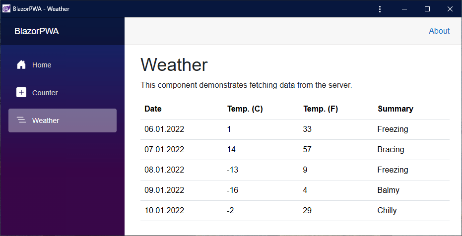 The Blazor PWA web app started as an installed application on Windows. It does not show the address bar. Instead, it looks like a native application.