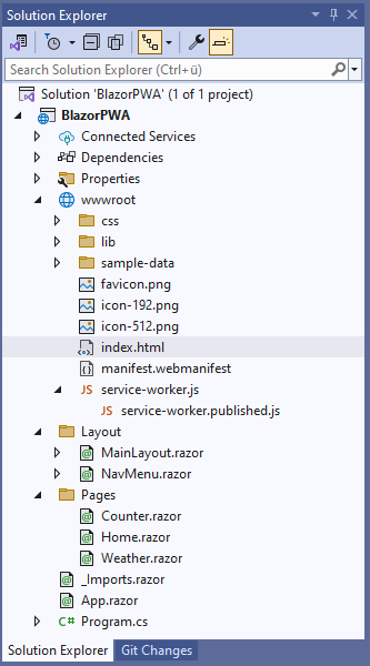 The Solution Explorer in Visual Studio showing the content of the generated Blazor WebAssembly PWA application.