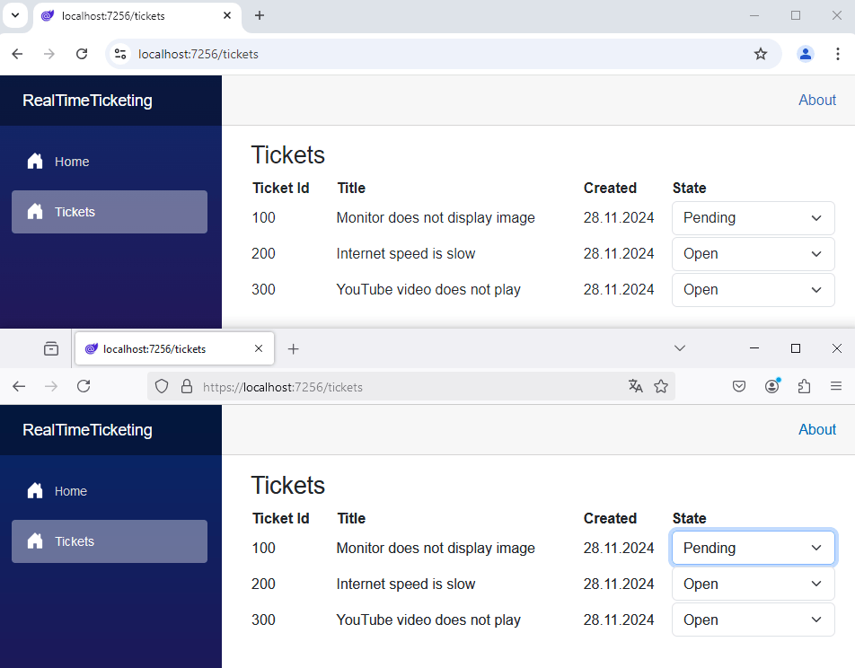 Two browser windows showing the same list of tickets with the first ticket having the state Pending while the others have the state Open.