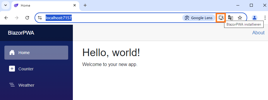 The Blazor web app loaded in Google Chrome and showing the install button for a PWA.