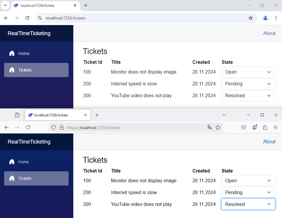 Two browser windows with the same web application. You can see the state for each ticket shows the same value. When changing one of the values, it is also changed in the other browser window.