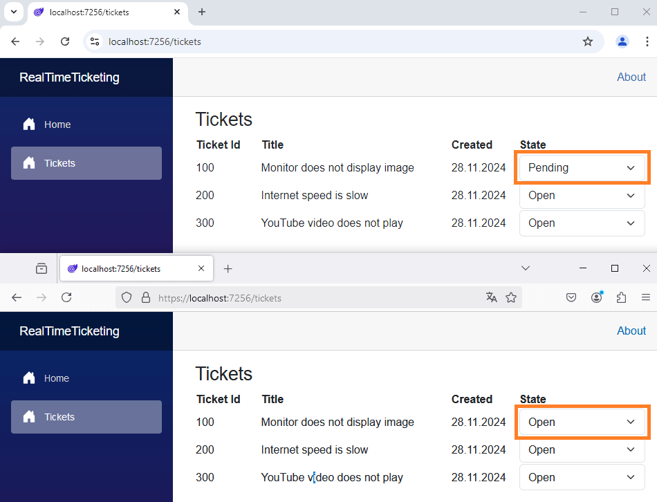 Two browser windows showing the same list of tickets. However, the first browser still has the Pending state for the first ticket while the reloaded browser instance shows Open for all three tickets.