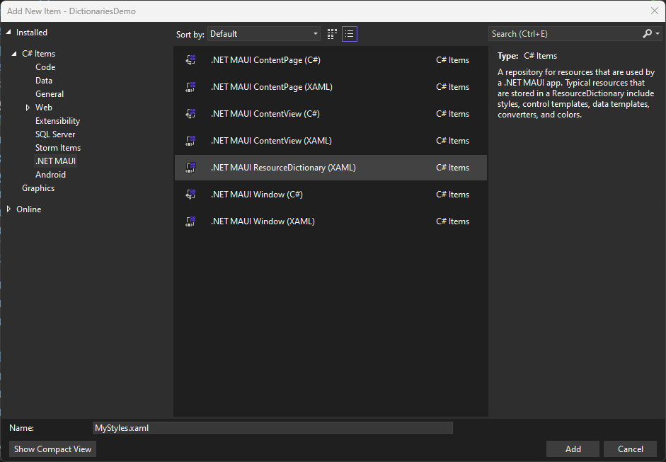 The template selected in Visual Studio 2022 to create a new resource dictionary The template selected in Visual Studio 2022 to create a new resource dictionary