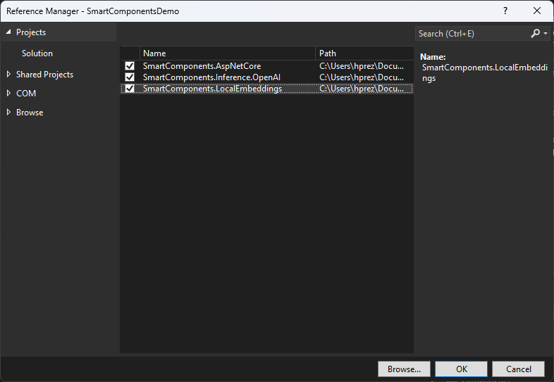 Adding the Smart Components project references to the Blazor project