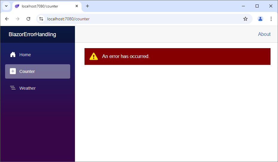 A Blazor Web Application showing an error within the website using custom CSS.