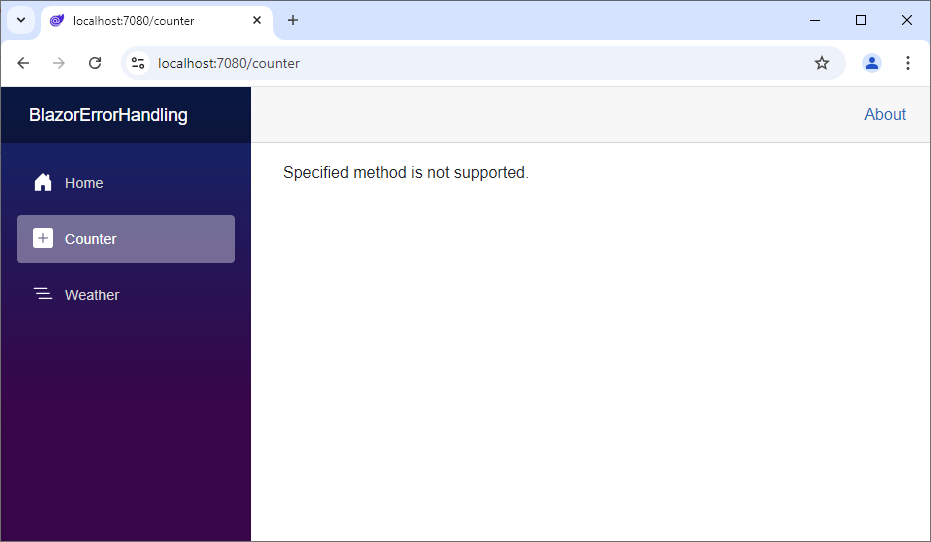 A Blazor Web Application showing an error within the website with contextual information - the message property of the Exception type.