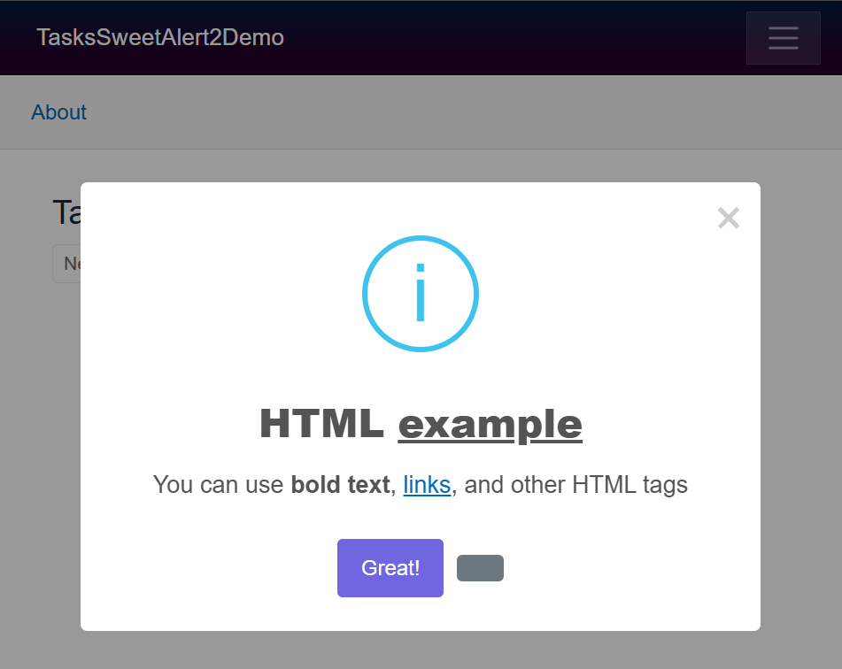 SweetAlert2 configured with HTML tags for greater customization