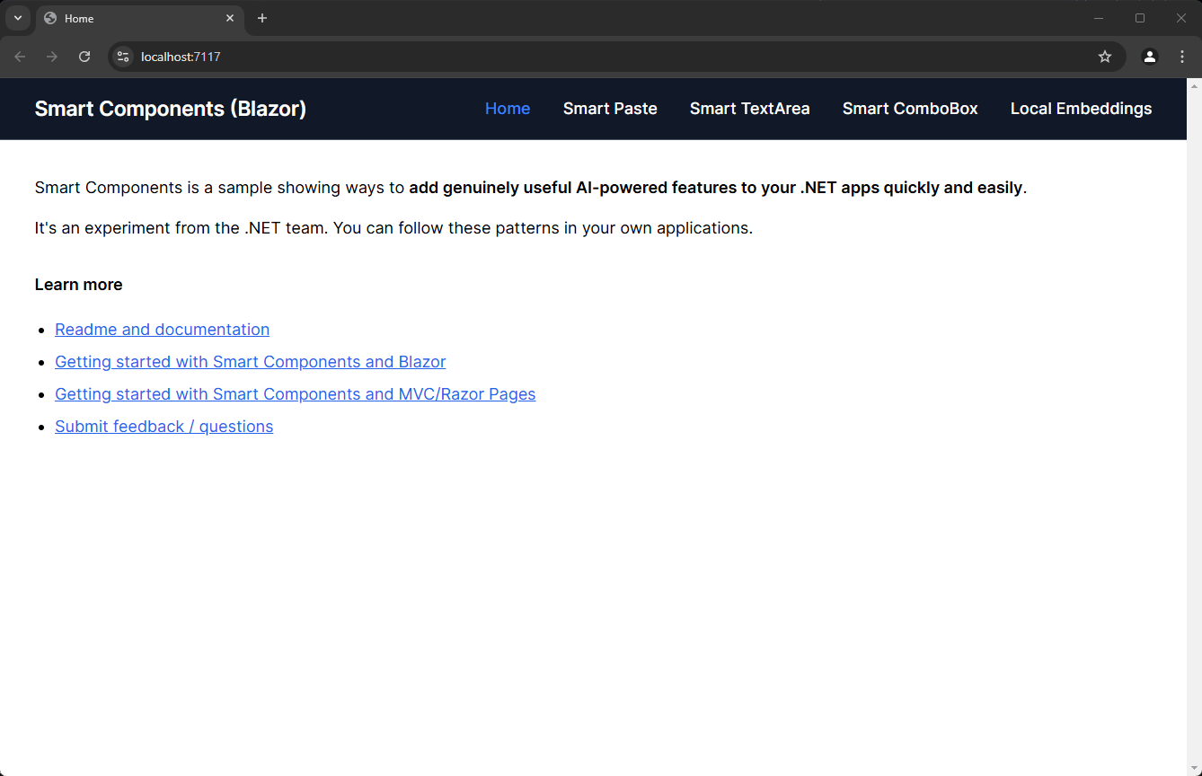 The main page of the .NET Smart Components project in Blazor