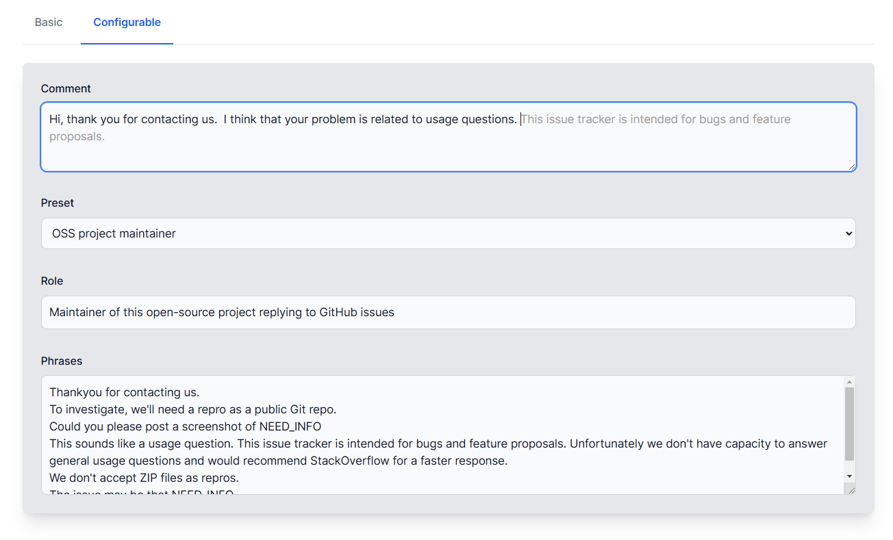 A user response form using .NET Smart Text Area, with a Preset, Role, and guide phrases to quickly complete response comments