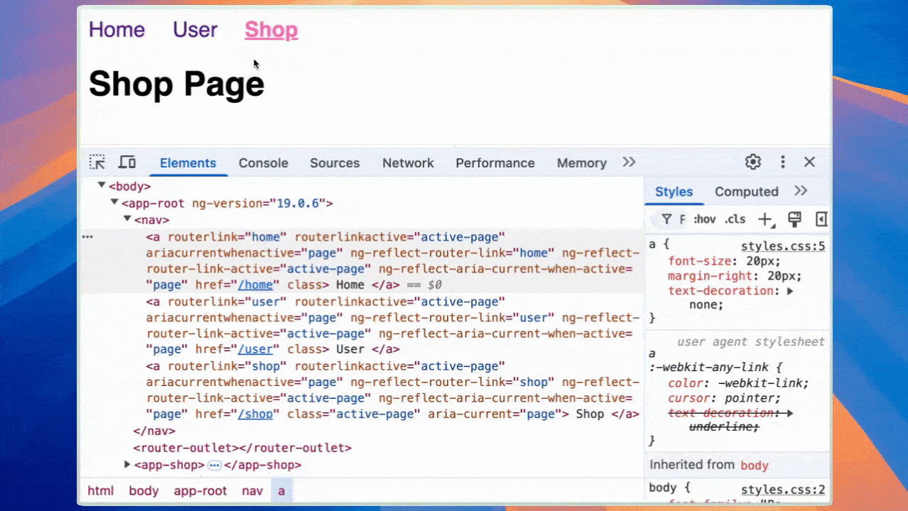 Elements inspect tool is open, showing how the active class via active page and aria current change, as the user clicks through the different navigation links and the anchor text changes color, bold and underline