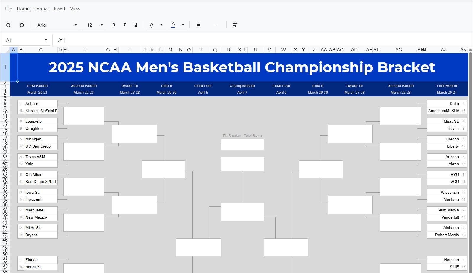 Bracket data loaded into Spreadsheet