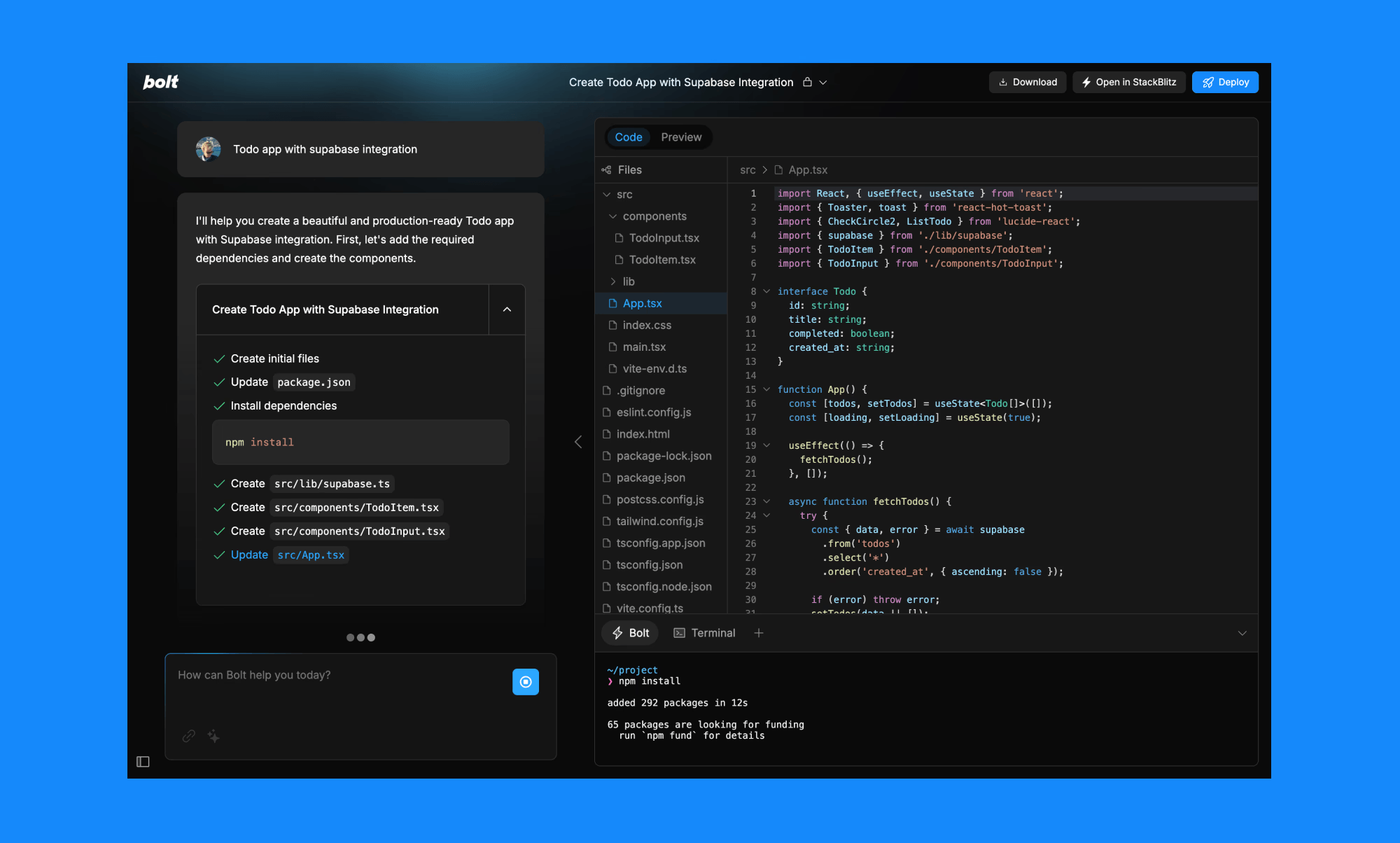 Prompting bolt.new to create a todo app with React