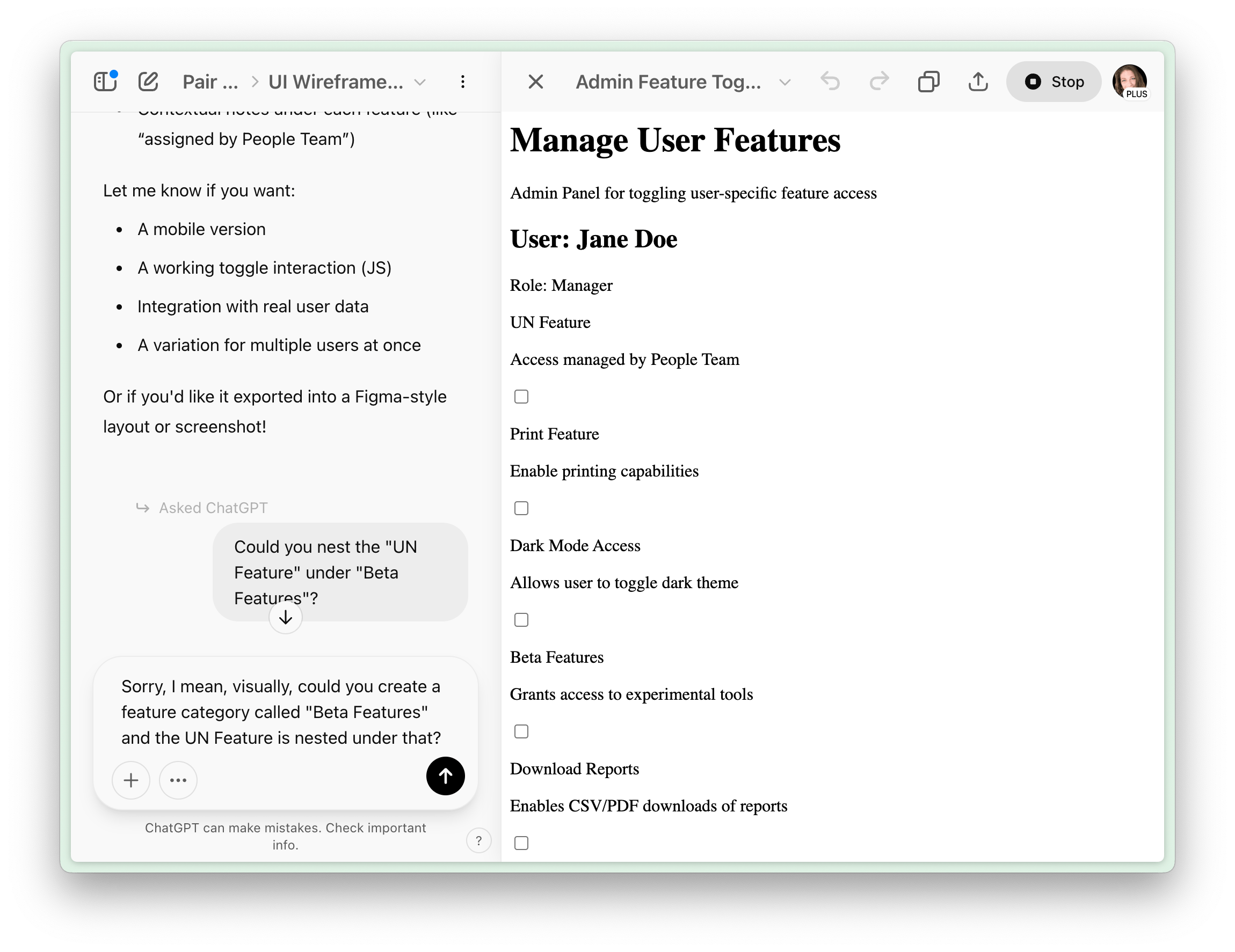 UI wireframe and admin feature toggle