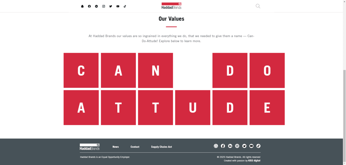 On the Haddad Brands “Our Values” page, there are red cards that represent each of the company's values. They spell out the acronym: CAN DO ATTUDE.