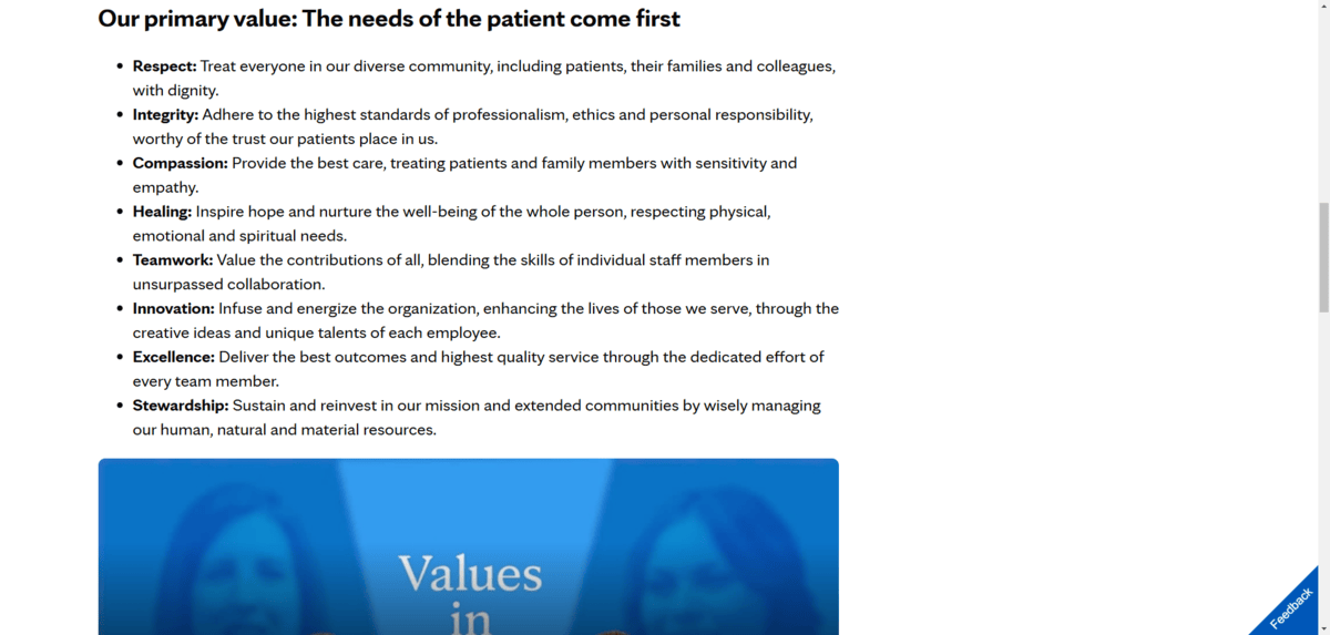 A screenshot from the Mayo Clinic “Mission and values” page that list out the eight values that support the organization’s mission to priority the needs of the patient.