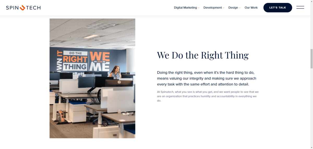 On the “Our Values” page of the Spinutech site, there’s an image beside the “We Do the Right Thing” value. In the photo, there’s a woman working behind a computer in an office. Behind here is a grey wall with orange and white lettering on it. The words spell out the company’s values.