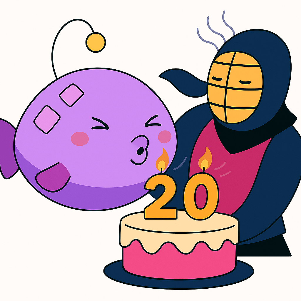 A cartoon-style illustration of a purple anglerfish and a kendo practitioner standing side by side, blowing out candles on a large pink-and-white birthday cake with the number “20” on top. The anglerfish looks joyful with puffed cheeks, while the kendoka is gently leaning forward in celebration. The background is clean and white, keeping the focus on the playful birthday scene.