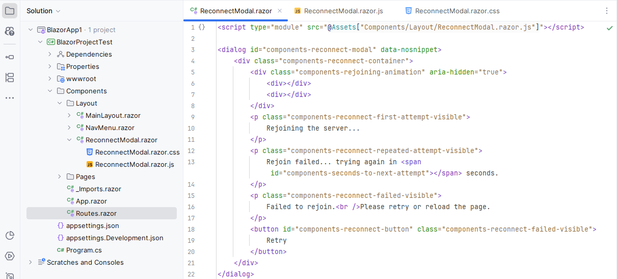 Code for the new Blazor reconnection dialog component included in .NET 10 .NET 10 reconnection dialog