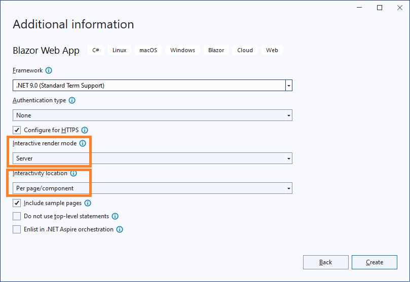 The Blazor Web App project creation wizard with Server as the Interactive render mode and Per page/component as the Interactivity location selected.