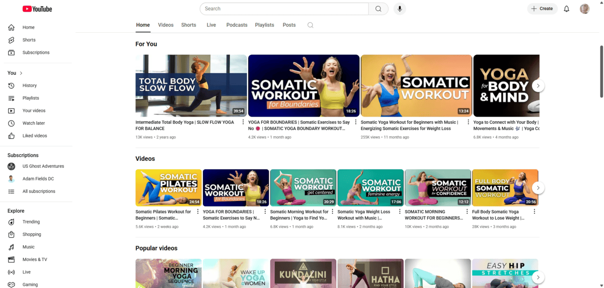 Brett Larkin YouTube channel A screenshot of the videos found on the @brettlarkinyoga YouTube channel. We see videos like Somatic Workout for Boundaries, Somatic Yoga Weight Loss, and Yoga for Body & Mind.